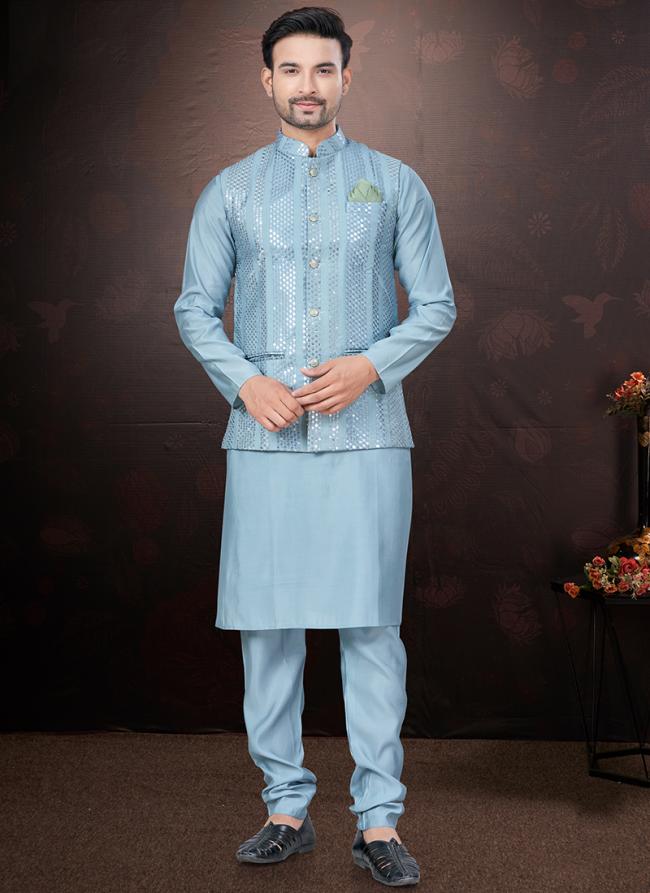 Pure Silk Sky Blue Traditional Wear Mirror Work Readymade Modi Jacket Kurta Pajama